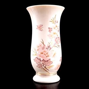 Elegant Cream Porcelain Vase with Pink Floral Detail and Gold Trim